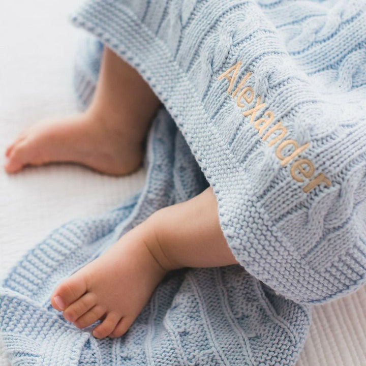 Personalised Luxury Baby Cable Knit Blanket - Pale Blue - LOVINGLY SIGNED (HK)