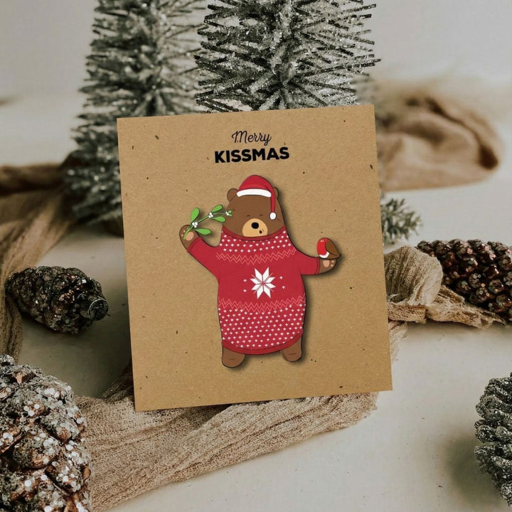Merry Kissmas Bear and Robin Greeting Card