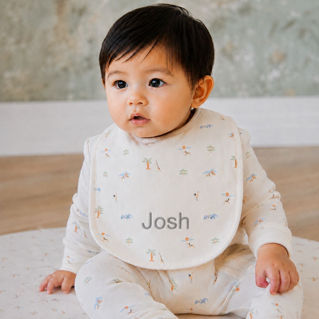 Personalised Organic Cotton Bib - Savannah Animals Tofu | Jamie Kay