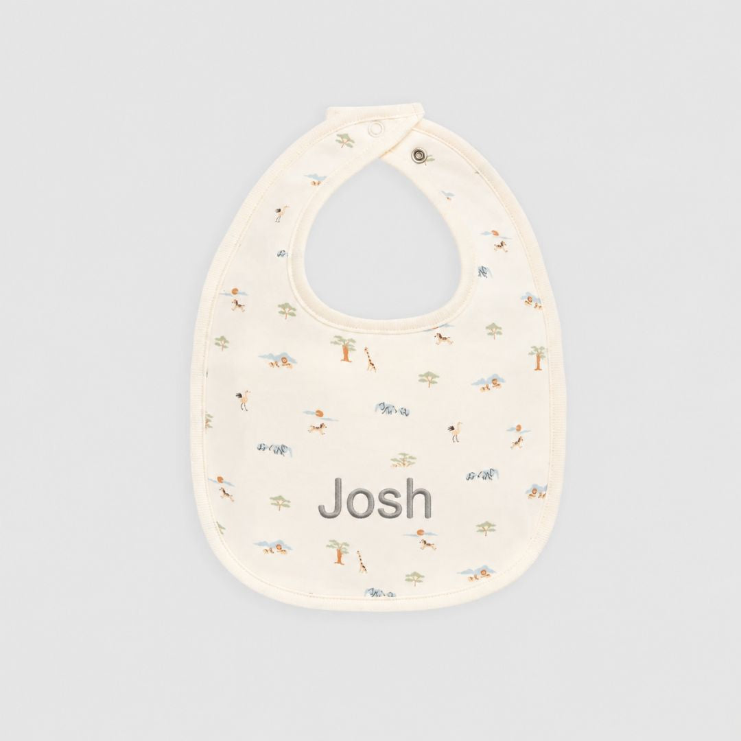 Personalised Organic Cotton Bib - Savannah Animals Tofu | Jamie Kay