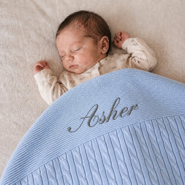 Personalised Luxury Baby Cable Knit Blanket - Blue