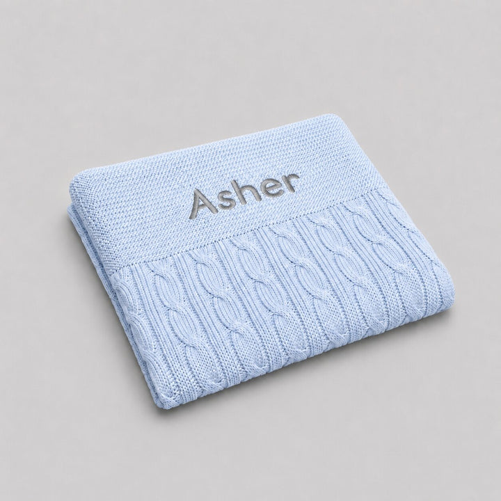 Personalised Luxury Baby Cable Knit Blanket - Blue