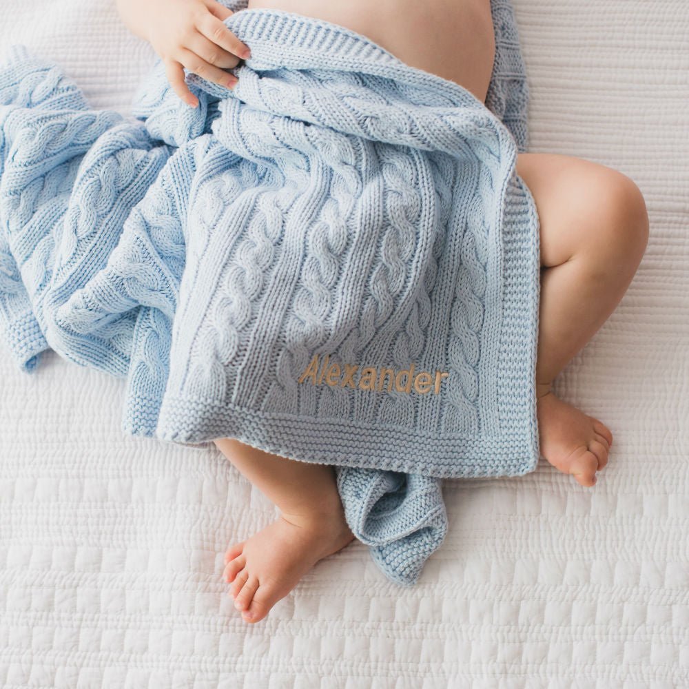 Personalised Luxury Baby Cable Knit Blanket - Pale Blue - LOVINGLY SIGNED (HK)