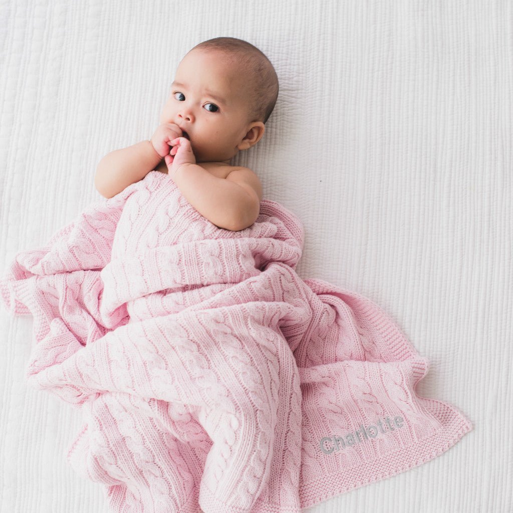 Personalised Luxury Baby Cable Knit Blanket - Pale Pink - LOVINGLY SIGNED (HK)