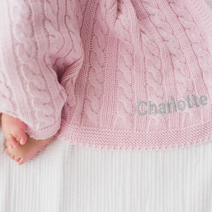 Personalised Luxury Baby Cable Knit Blanket - Pale Pink - LOVINGLY SIGNED (HK)