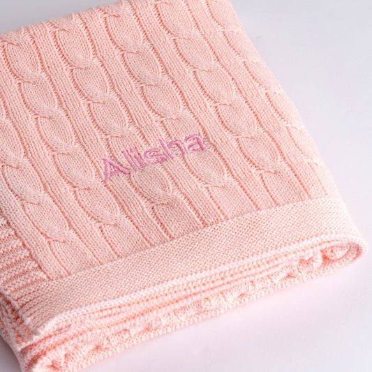 Personalised Luxury Baby Cable Knit Blanket - Pale Pink - LOVINGLY SIGNED (HK)