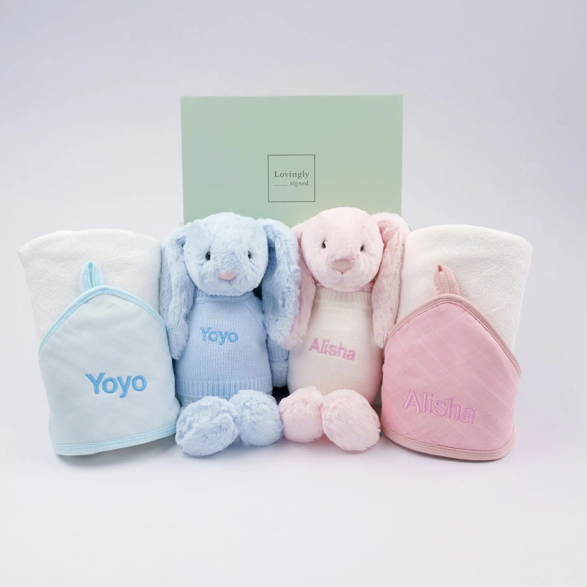 Personalised Twin Towel Set - Blue + Pink - LOVINGLY SIGNED (HK)