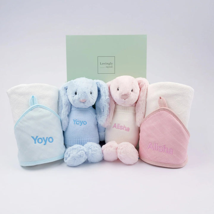 Personalised Twin Towel Set - Blue + Pink - LOVINGLY SIGNED (HK)