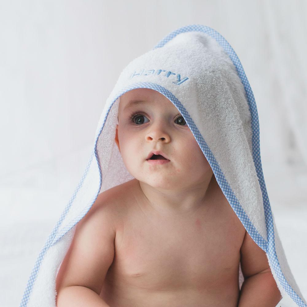 Personalised Luxury Baby Blue Gingham Trim Hooded Towel - LOVINGLY SIGNED (HK)