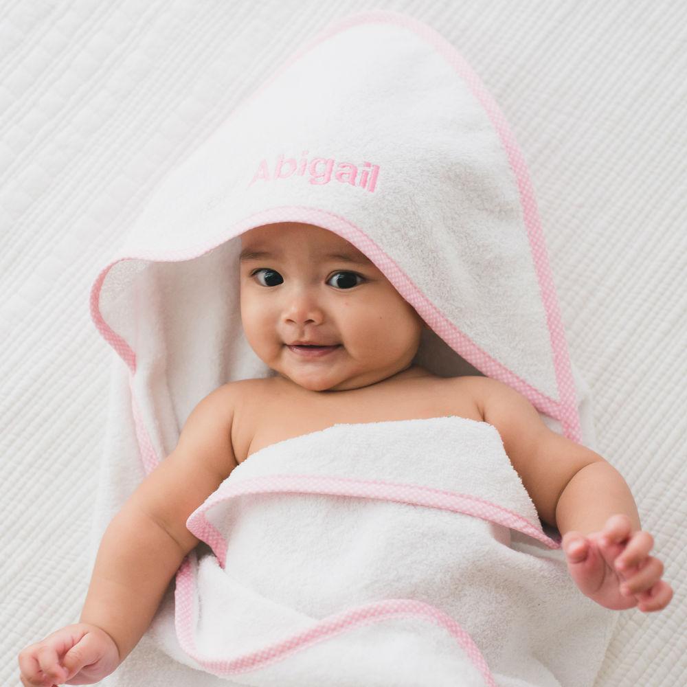 Personalised Luxury Baby Pink Gingham Trim Hooded Towel - LOVINGLY SIGNED (HK)